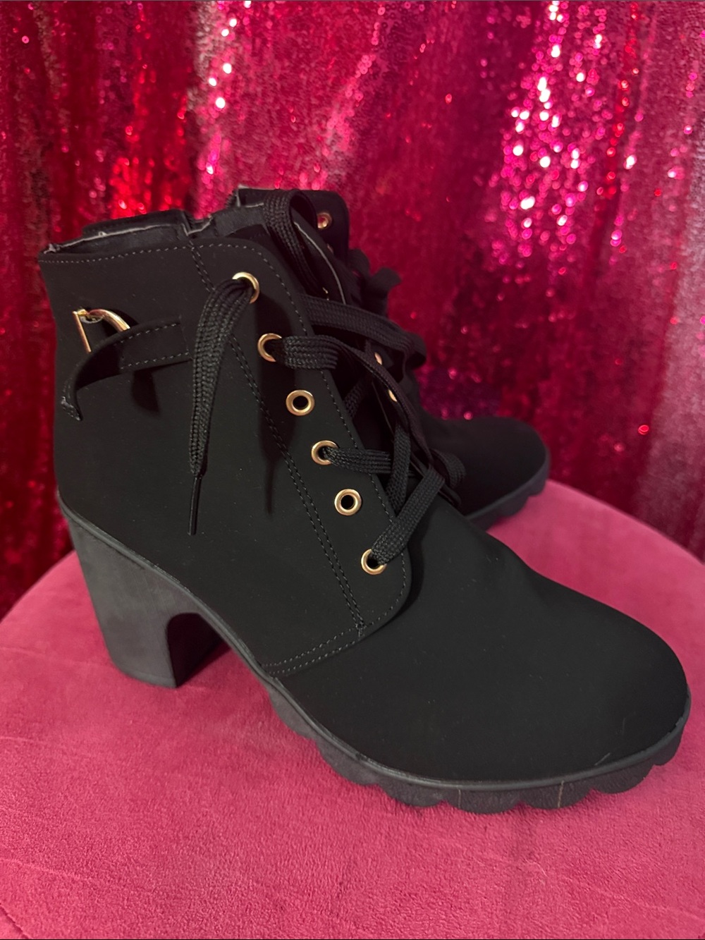 Women's Black Lace-Up Block Heel Booties